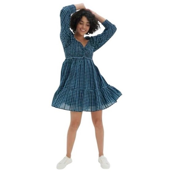 American Eagle Blue Smocked Plaid Babydoll Mini Dress Women’s Large Academia - Picture 3 of 12